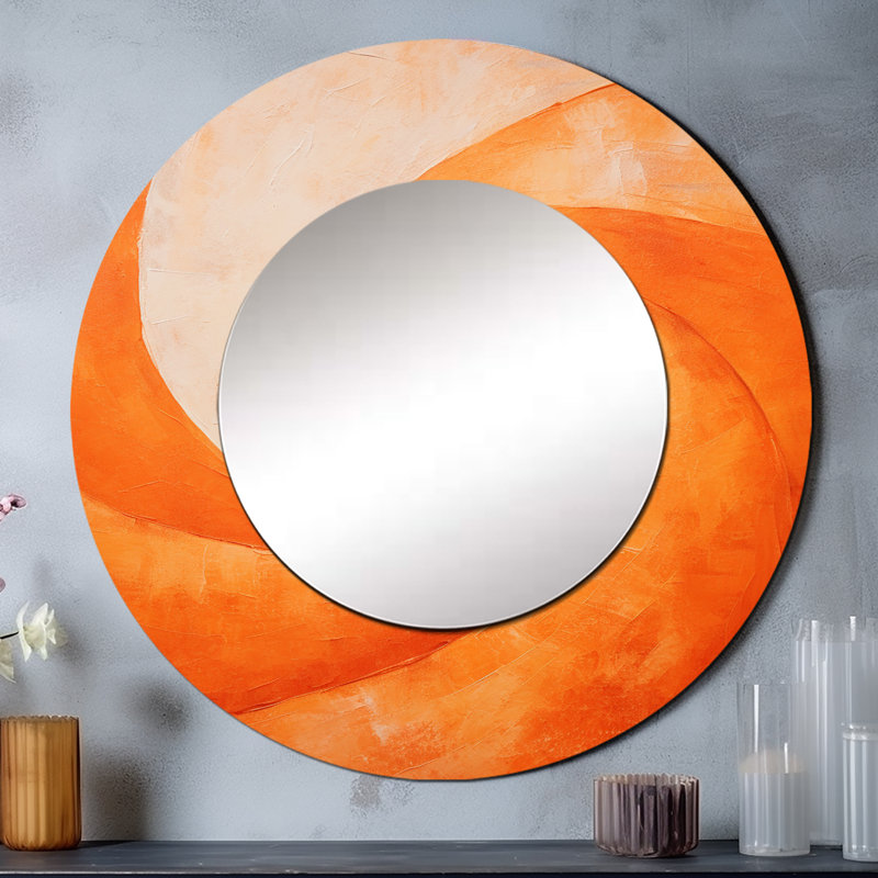 Tangerine Twist Spriral I - miroir unique à spirales abstraites, grand miroir mural rond moderne, impression d'art en métal