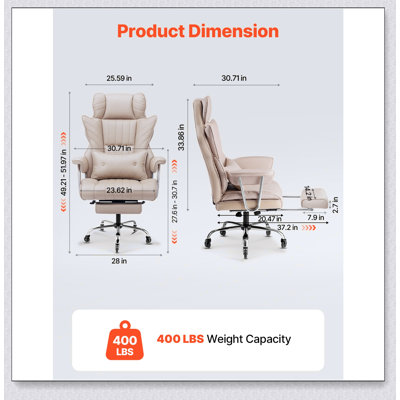 Fauteuil de direction avec repose-pieds, revêtement en cuir PU haute résistance, capacité de 181 kg, inclinable avec soutien lombaire, roulettes silencieuses, kaki