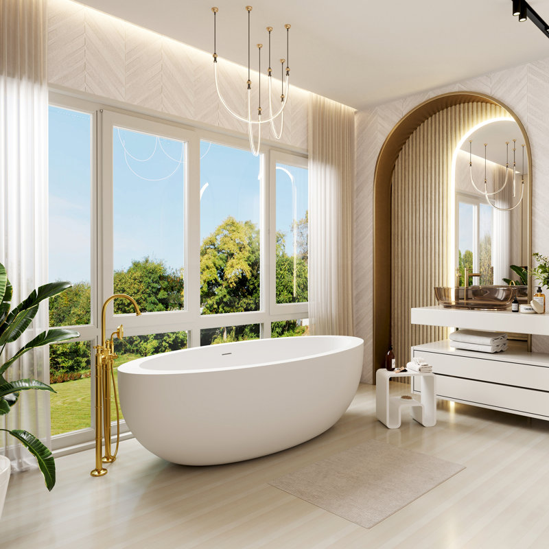 Baignoire de trempage autoportante ovale blanche à surface solide avec drain 72,8 "Casainc