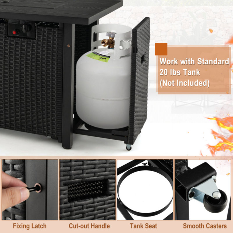 50000 Btu 42 In. Outdoor Propane Gas Fire Pit Table With Wind Guard And Glass Rocks, Black, Black