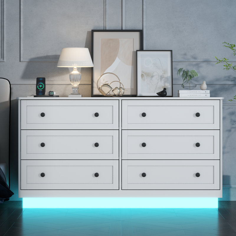 Joyti 6 Drawer Dresser, Modern Wide Drawer Chests With Power Outlet And Led Light For Bedroom, White/Black