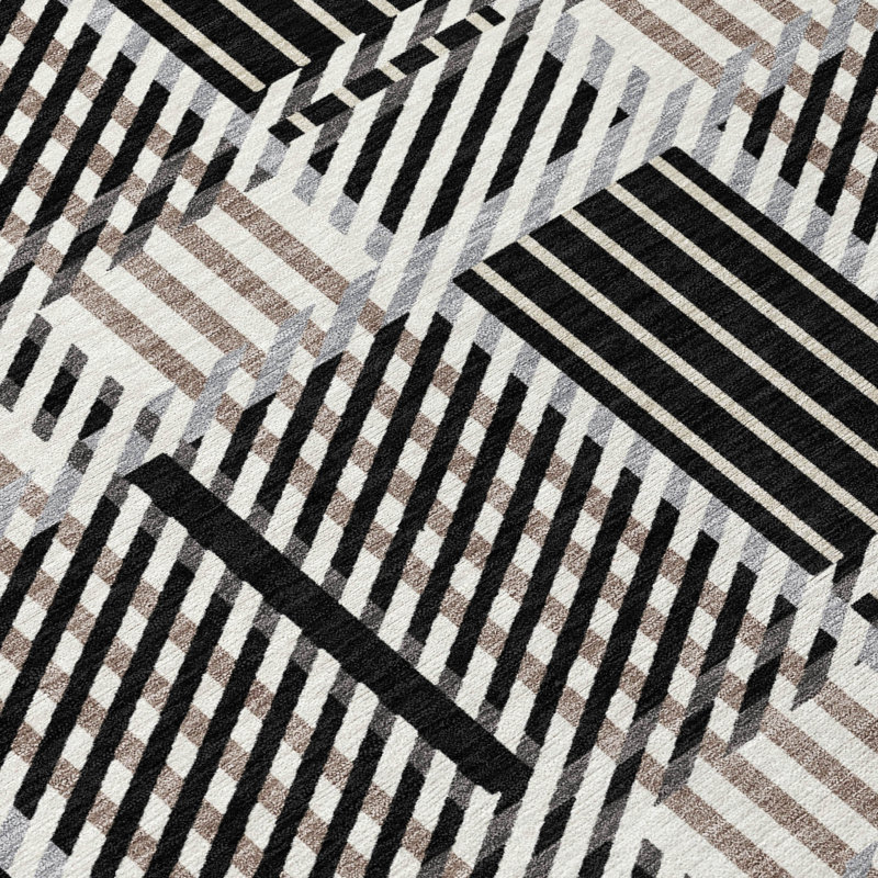 Black and White Plaid Synthetic Washable Area Rug 3' x 5'