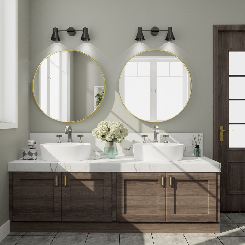 Molly Easy French Cleat Mounting Metal Alloy Wall Round Vanity And Dresser Bathroom Mirror, Gold, 24" x 24"
