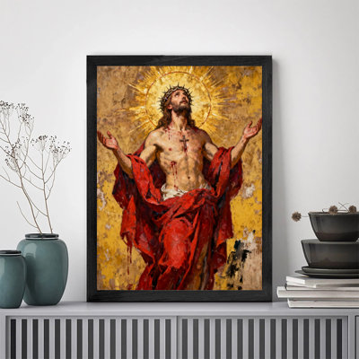 Le cadre noir rétro était vêtu d'une robe, avec un halo sur la tête, et ses bras étaient étalés. Reproductions d'art encadrées de style rétro