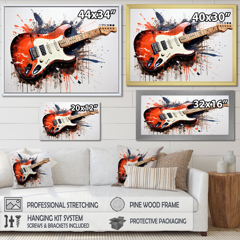 «Red Fluid Brown», guitare, art mural, Cadre d'angle fermé doré, H 24 po x l 32 po x P 1 po