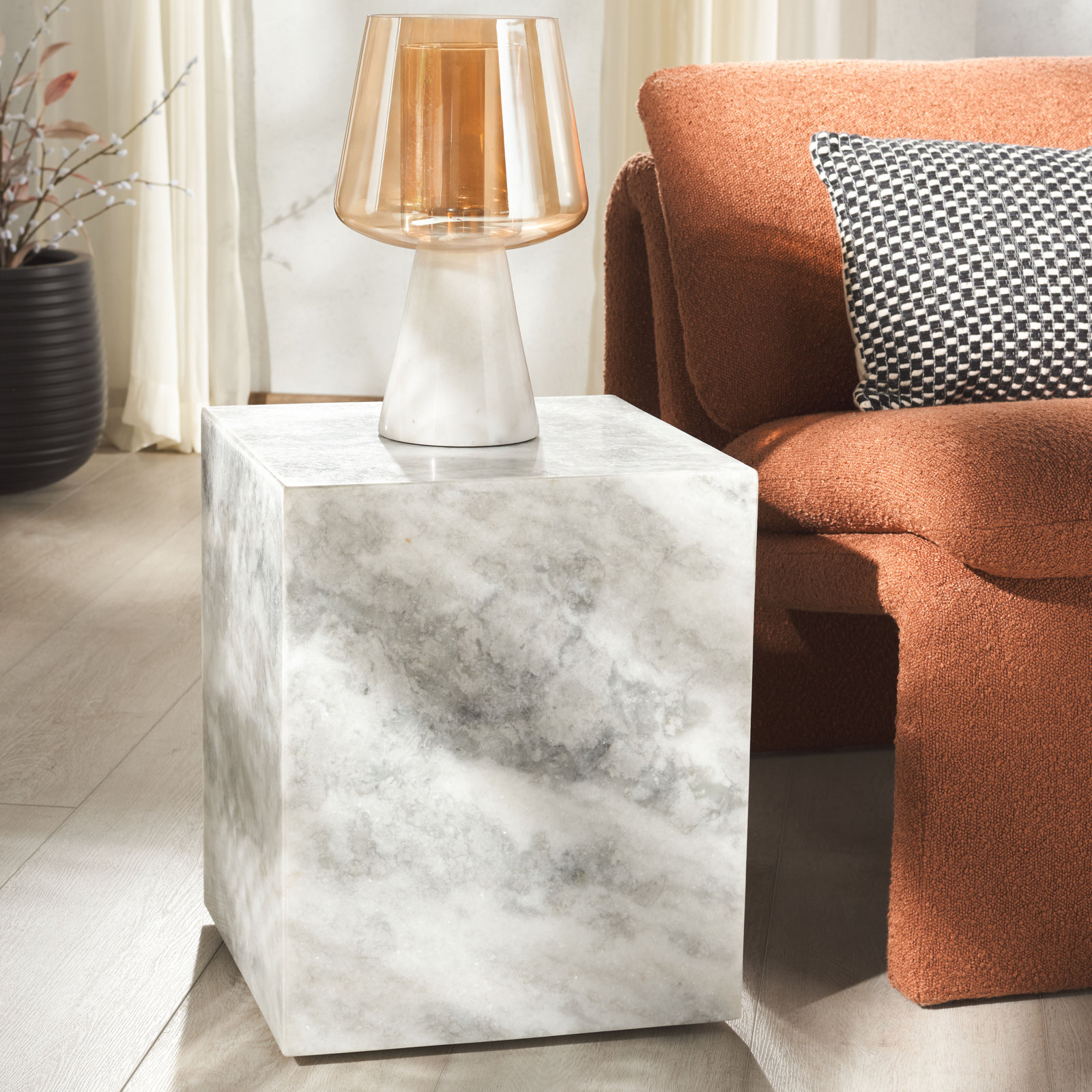 Yantarni 15" Genuine Marble End Table, White