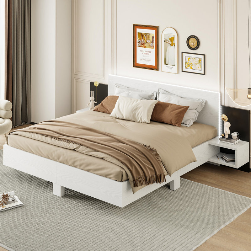 Floating Bed With Bedside Tables And Led Light Headboard, King, White
