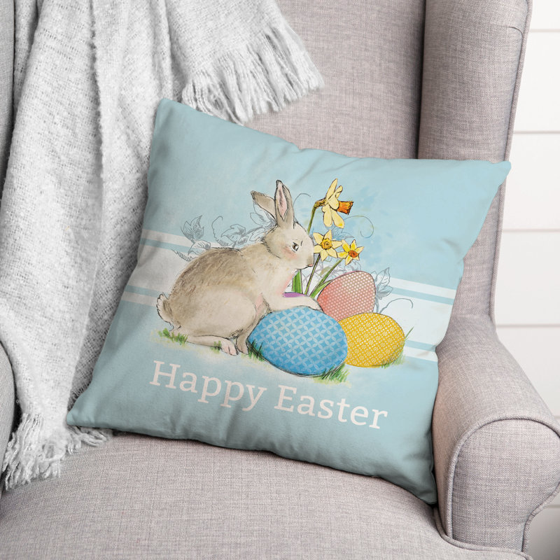 Hippity Hoppity Happy Easter Traditional Blue Throw Pillow, 18" x 18"