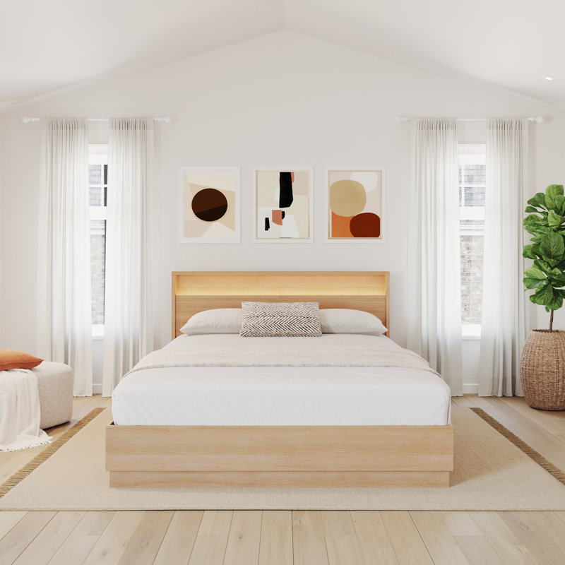 Harlow Queen Size Slatted Bedframe and Headboard with Integrated Light, Beige