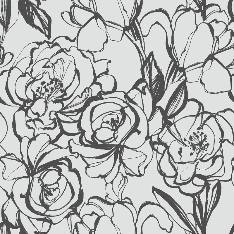 Floral Cluster 33' L x 20.5" W  Wallpaper Roll, Black/White