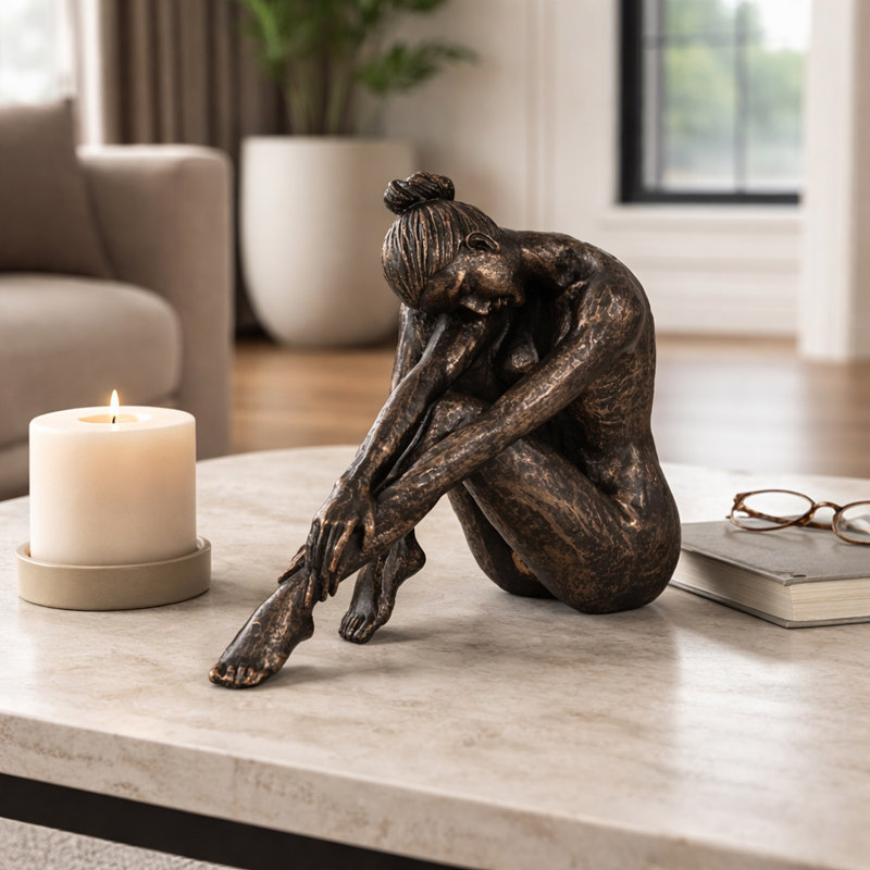 Decorative Seated Abstract Figurine Sculpture for Home Decor - Modern Gallery Statue Art Accent for Tabletop Object or Living Room Decoration - Bronze