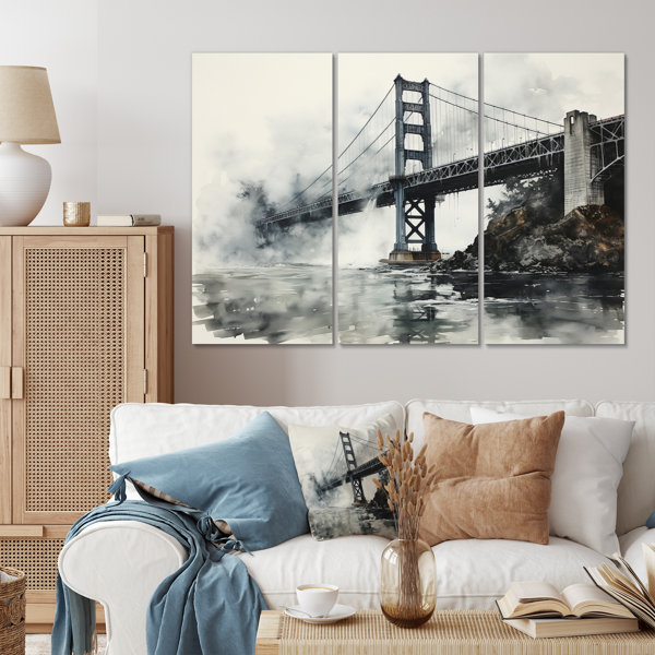 DesignArt Gray Bridge Urban Suspension IV On Canvas 3 Pieces Print ...