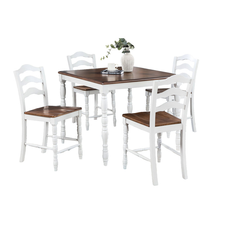 5 pièces avec table à hauteur de comptoir en chêne et 4 chaises à dossier, tons blancs, sièges confortables pour les soupers en famille, 5 finitions carrées, décorations, sièges dans les petites cuisines