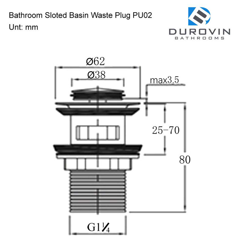  Push Pop Up Chrome Basin Waste Plug - Slotted Suitable for Sink with Overflow - Inner Round Push Button