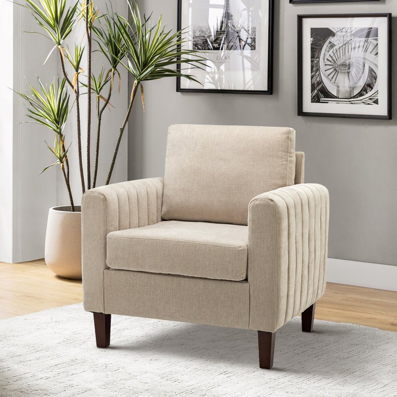Fauteuil club Ardarius avec pieds en bois, Polyester brun clair