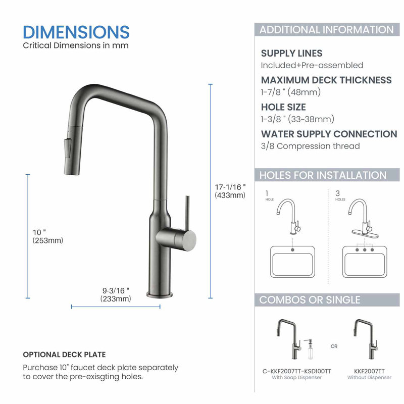 KIBI Macon Pull Down Kitchen Faucet, Titanium, Without Soap Dispenser