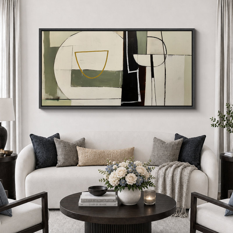 «Mid Century Shape Abstract Geometric Shapes», reproduction encadrée sur toile, H 30 po x l 60 po, Noir, noir, noir, noir