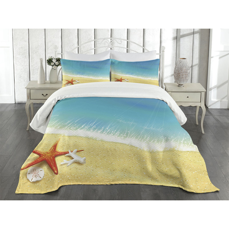 White Quilted Queen Bedspread Set with Beach Design