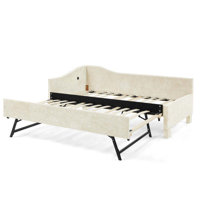 Lit de jour polyvalent en chenille avec couchette coulissante et port USB, Beige