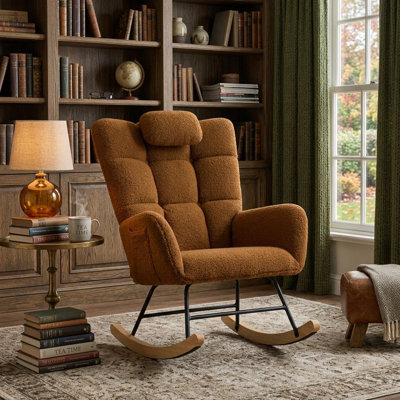 Fauteuil à bascule pour chambre d'enfant, fauteuil d'appoint rembourré à dossier haut et assise capitonnée, 100 kg, brun