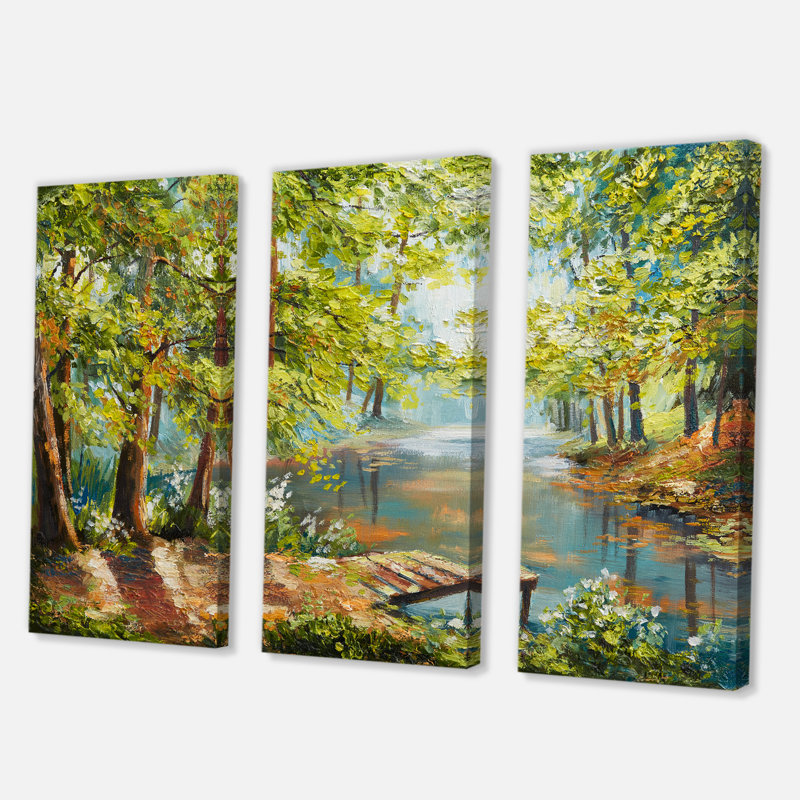 Forêt d'automne avec rivière sinueuse - peinture sur toile tendue 3 pièces