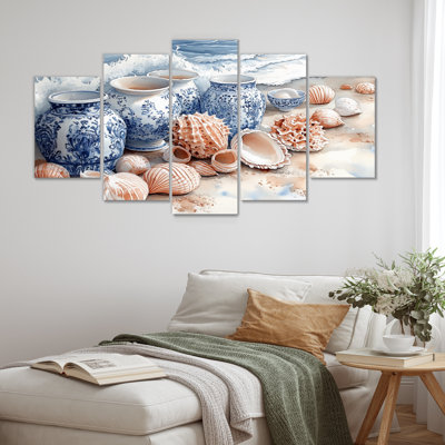 «Floral Beach Pottery in Blue and White Tones II», ensemble d'art mural sur toile