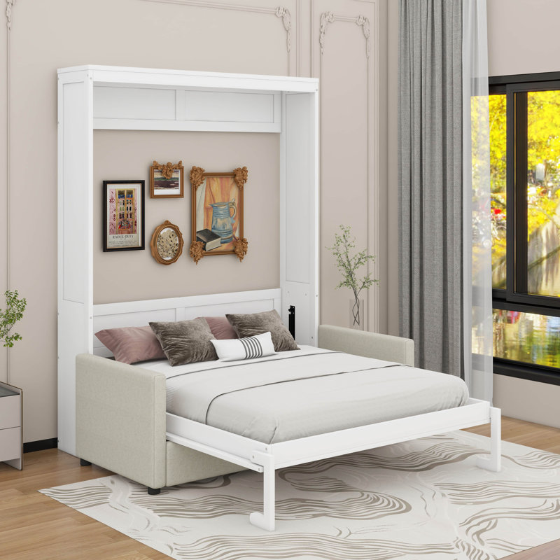Lit escamotable double avec coussin, Blanc