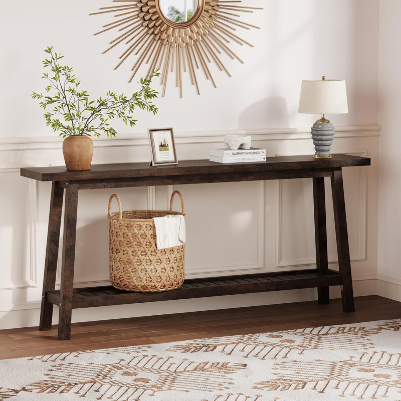 70.9" Extra Long 2-Tier Console Table, Narrow Industrial Farmhouse Sofa & Entry Table for Hallway, Brown