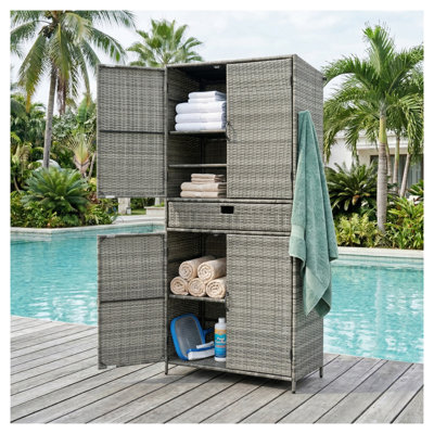 Armoire de rangement d'extérieur de 76,4 po de hauteur avec tablettes réglables et grand tiroir - Organisateur de patio en rotin et osier résistant aux intempéries pour la piscine, le jardin et la cour