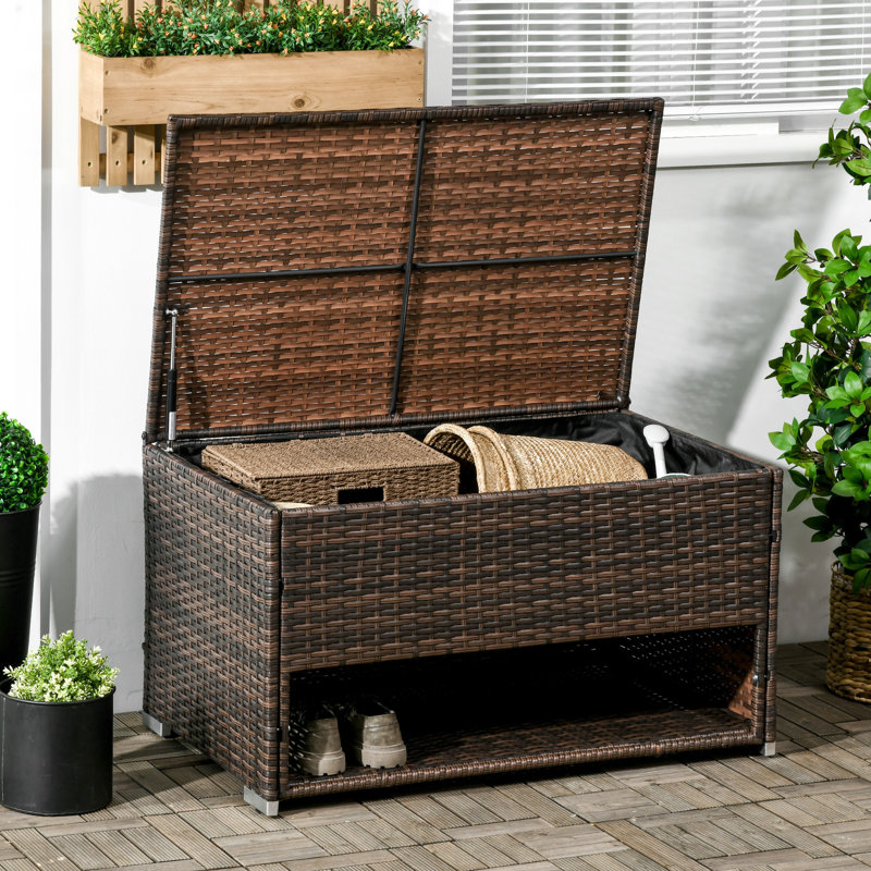 Patio Deck Box: Hydraulic Lift For Easy Access. , Brown, 21.25" H Outdoor Store And Garden Tools. 37.5" L