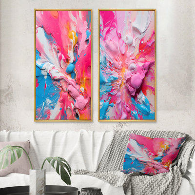 «Explosions de couleur rose et orange», 2 pièces sur toile