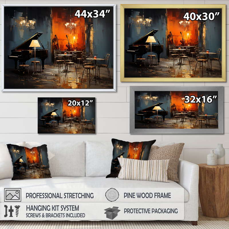 Rétro Sonate de Pinao dans Jazz Café II - musique Jazz Art mural, H 12 po x l 20 po, Impression encadrée, Doré