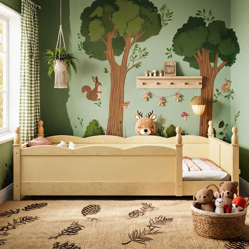 Lit simple Montessori avec garde-corps pleine longueur et tablette de rangement latérale intégrée pour enfants