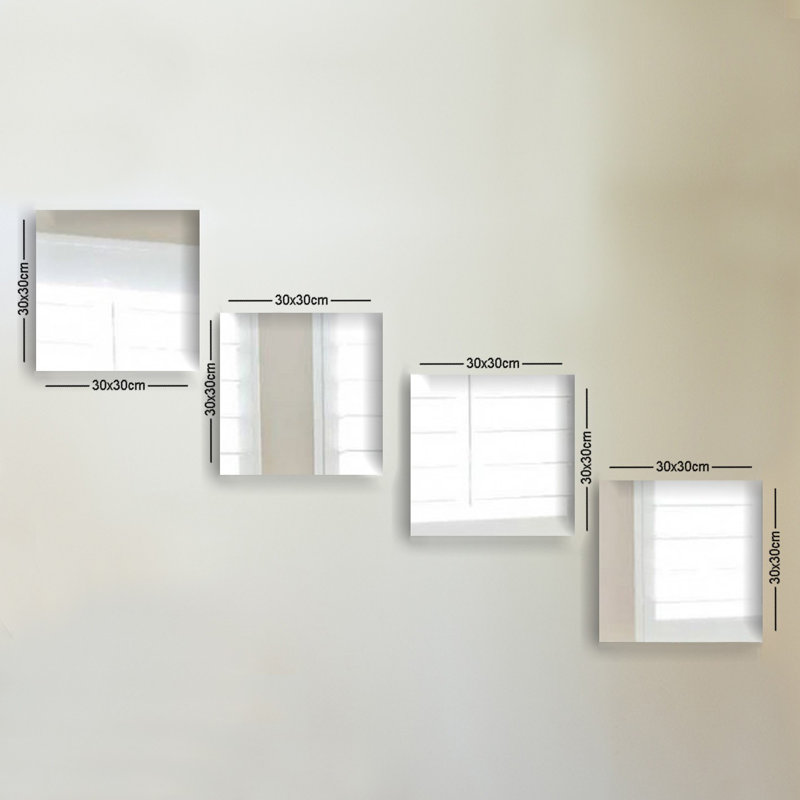 Ensemble de miroir élégant 4 pièces | 100% verre, sans cadre, épaisseur: 0,16 pouce | Finition argentée élégante, parfaite pour la décoration intérieure et les intérieurs modernes, conception murale polyvalente