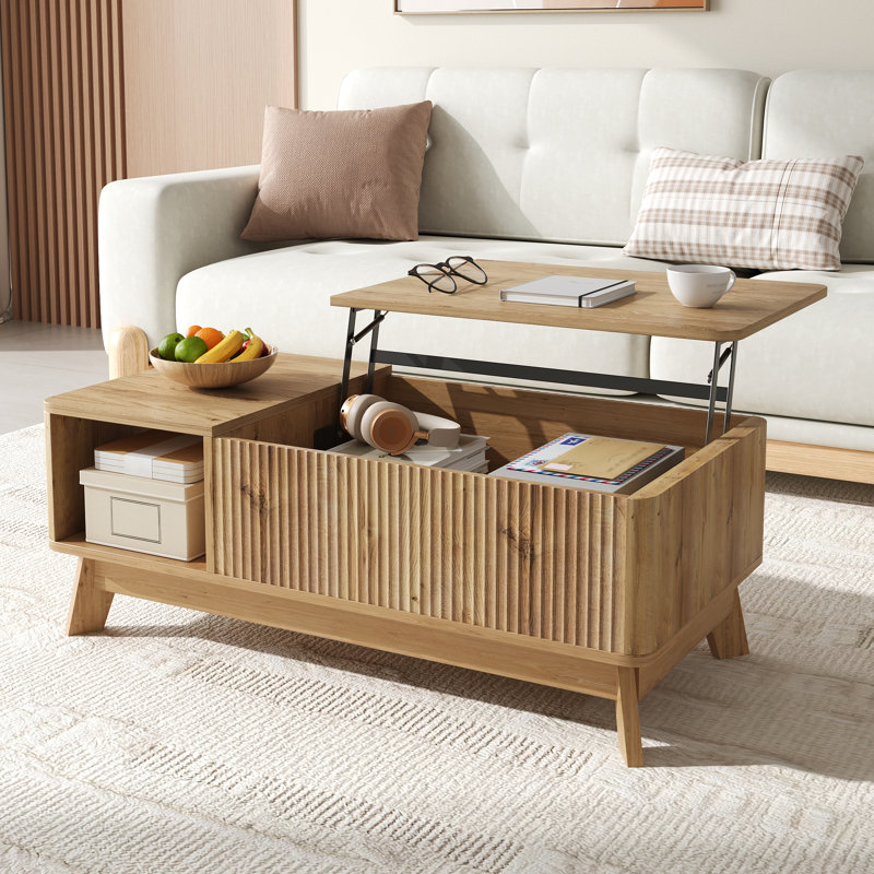 3D Wave Lift-Top Coffee Table with Hidden Storage & Open Shelf, Height Adjustable MDF Centre Table, Oak