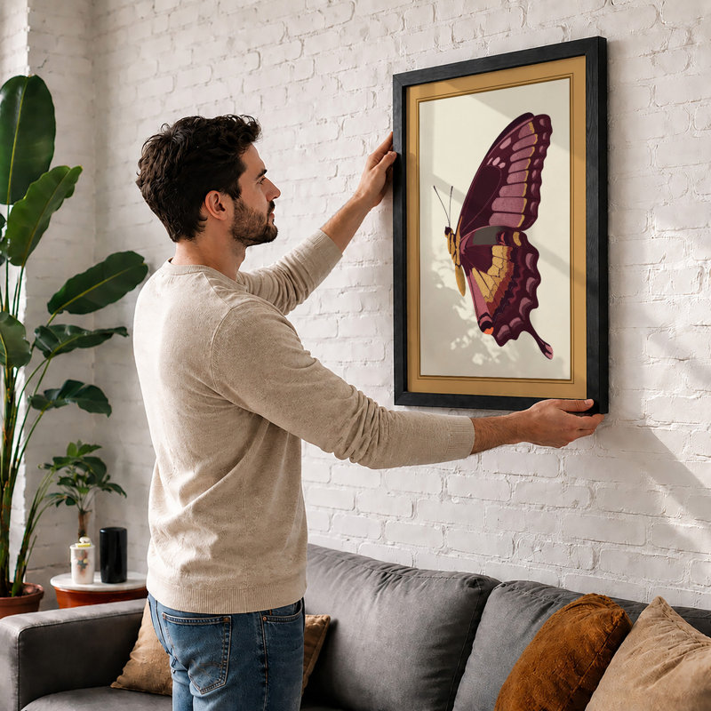 Plum Butterfly Study Botanical - Framed Print, Walnut, A3 - 42.0 x 29.7 cm