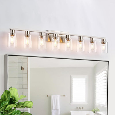 Luminaire de meuble-lavabo 8 lumières avec abat-jour en verre transparent, conception moderne en laiton pour la salle de bain, le salon et le couloir