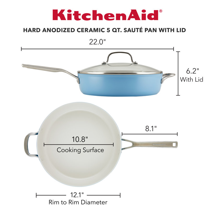 KitchenAid Hard Anodized Ceramic Nonstick Saute Pan with Lid, 5 Quart, Blue Velvet