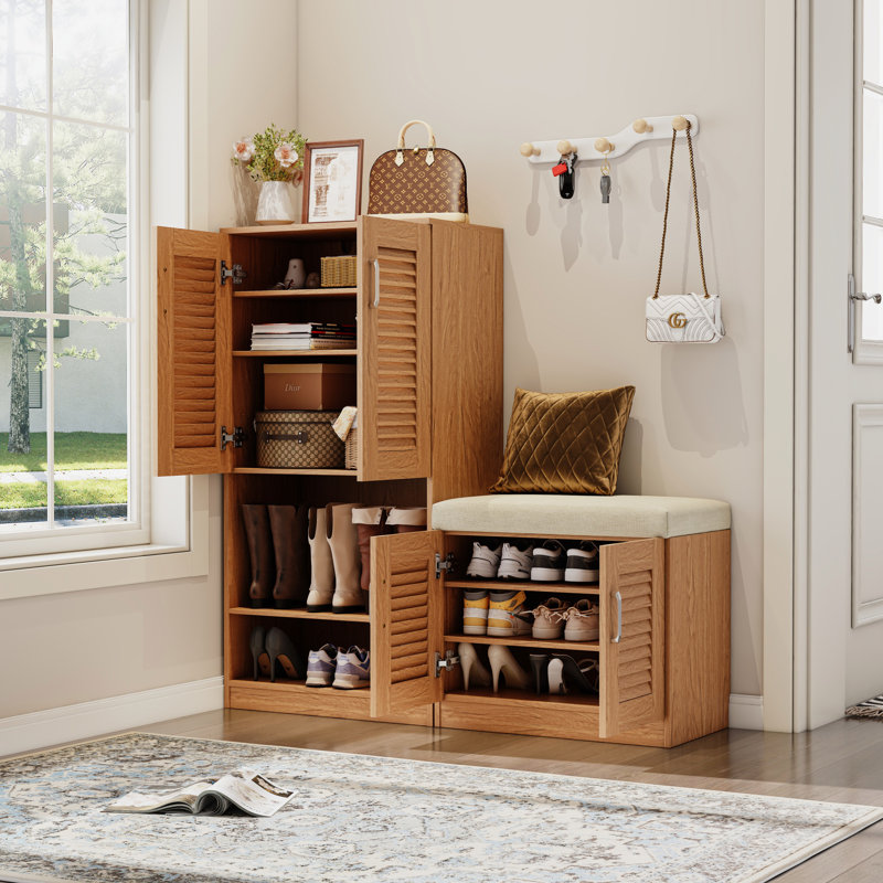 Multi Functional Shoe Storage Cabinet With Bench & 7+3 Storage Compartment, Adjustable Layer Board, Shoe Bench With Cushion For Entryway,  Freestanding Shoe Rack