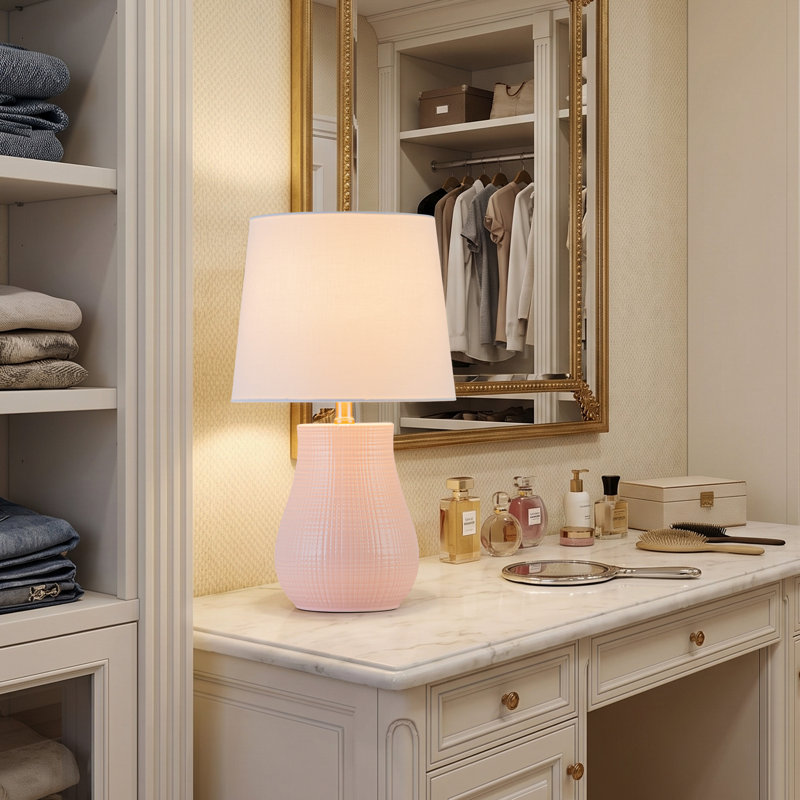 19.25" Pink Ceramic Table Lamp With Textured Base & Linen Shade, Pink