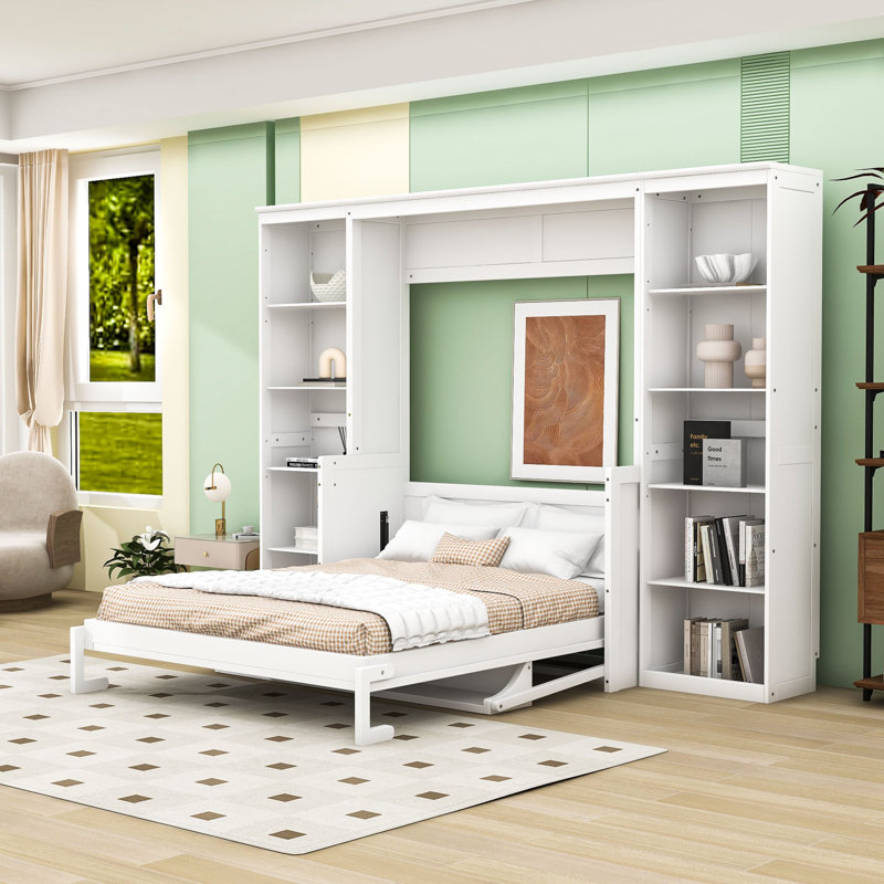 Lit escamotable avec bureau intégré et tablettes pour espaces de vie compacts, Double, Blanc