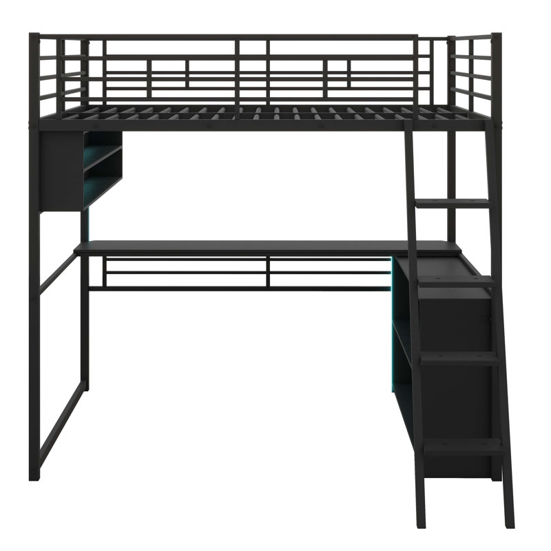 Lit mezzanine moderne en métal avec éclairage à DEL intégré, bureau et quatre tablettes de rangement, Double