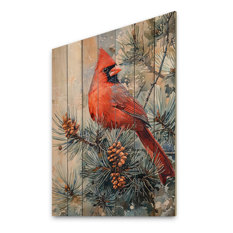 Oiseau cardinal parmi les pins III - Impression sur bois d'oiseau - sur bois de pin naturel, H 32 po x l 24 po x P 0,78 po