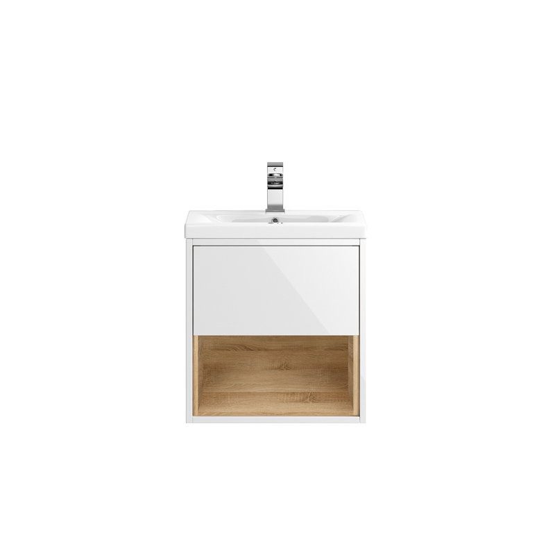 Coast 20320mm Single Bathroom Vanity with Integrated Vitreous China Basin, Gloss White / Natural Oak