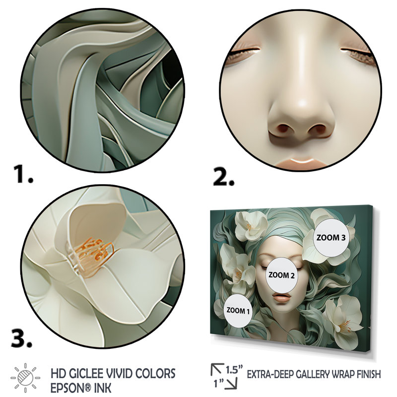 Femme verte et blanche avec une fleur sur le visage I - art mural mode, H 12 po x l 20 po x P 1 po, Cadre flottant doré