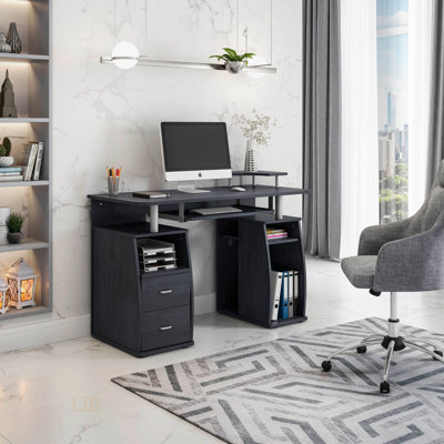 Techni Mobili Complete Computer Workstation Desk With Storage, Elevated Shelves, And Keyboard Tray In Espresso Finish