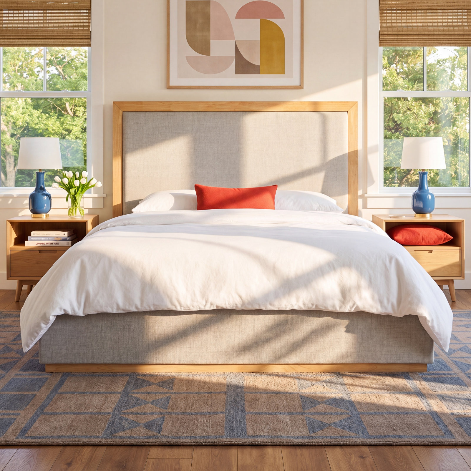 Reanna Upholstered Bed, King, Natural Wood/Gray