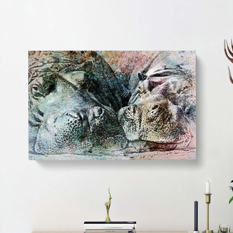 Pair Of Sleeping Hippos In Abstract - Wrapped Canvas Print, 50cm H x 76cm W x 3cm D