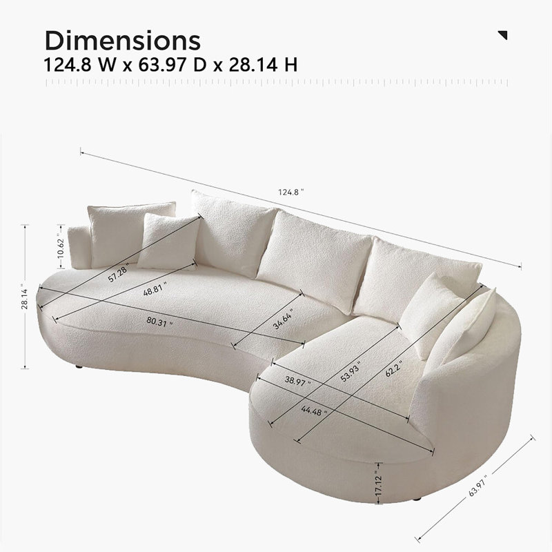 125" Modern Curved Sectional Sofa Couch With Chaise, Upholstery Boucle Sofa Couch With Pillows,Sectional Boucle Fabric Couch For Living Room