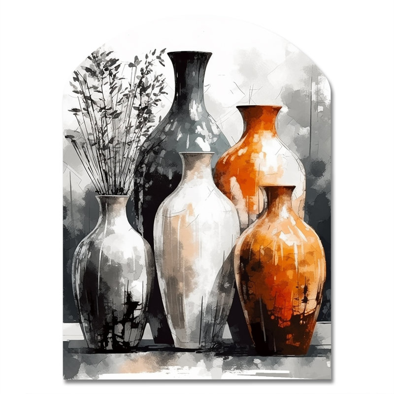 Brown And Grey Earthen Elegant Vase - Asymmetrical Boho Pottery Metal Wall Art, Arch Metal Wall Sculpture Print